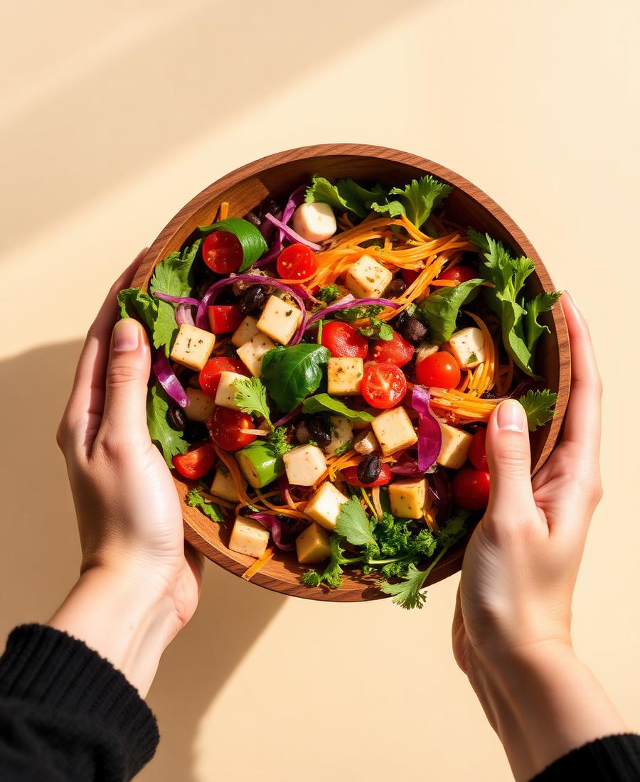Mãos segurando uma tigela de salada colorida